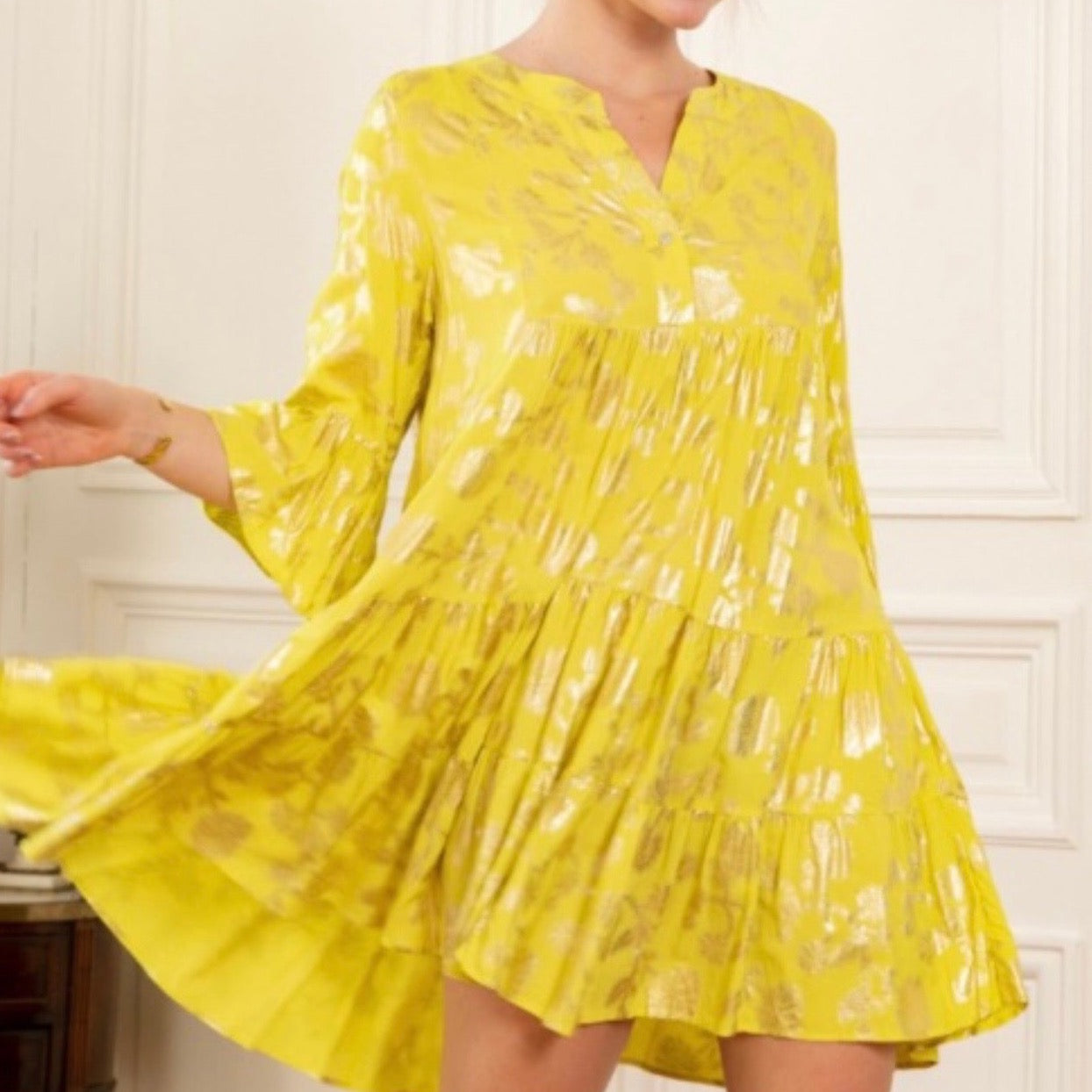 Last Queen Yellow Golden Flowers Mini Dress