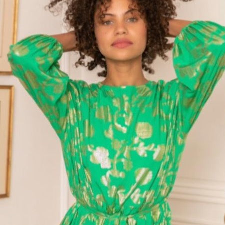 Last Queen Green Gold Foil Flowers Maxi Dress