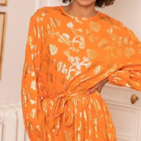 Last Queen Orange Gold Foil Flowers Maxi Dress