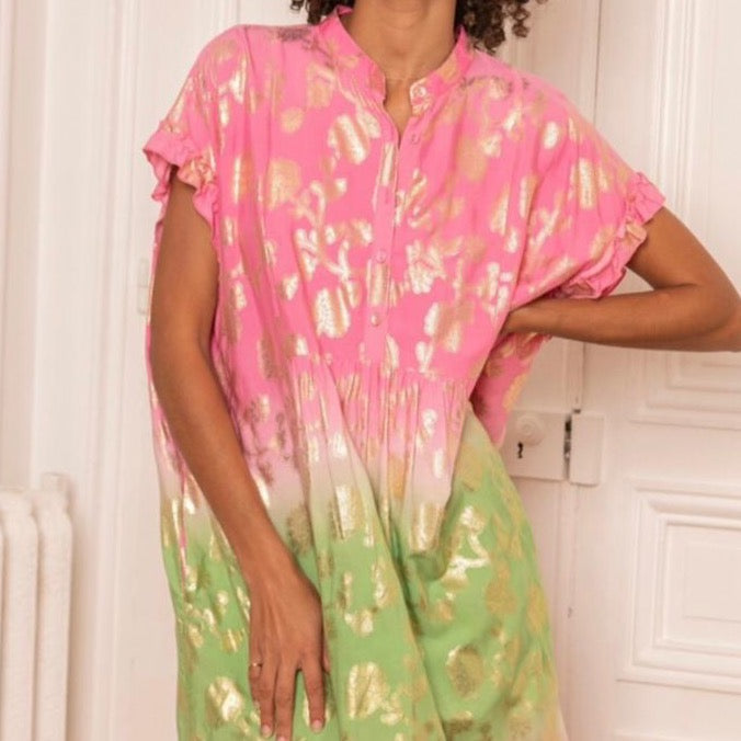 Last Queen Tie-Dye Pink&Green Gold Foil Flowers Maxi Dress