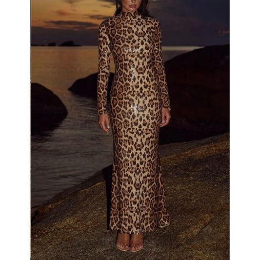 Leopard Print Sequin Maxi Dress