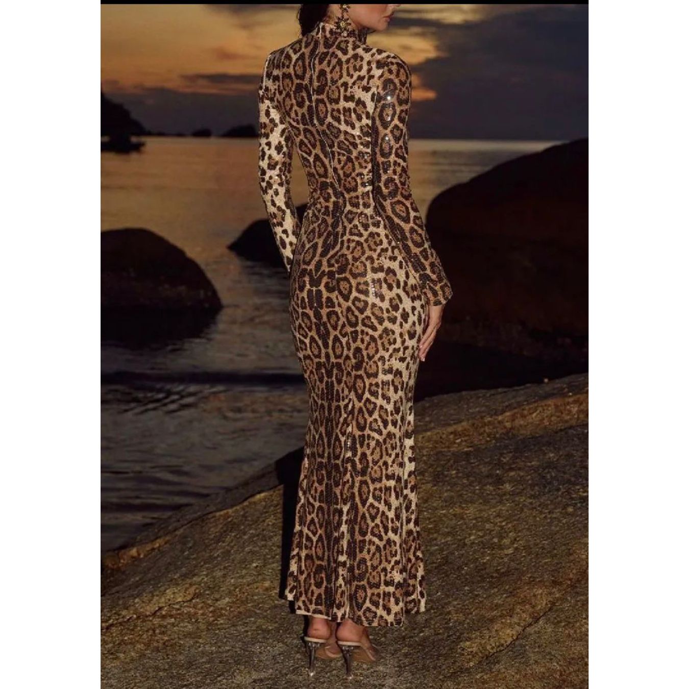Leopard Print Sequin Maxi Dress