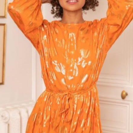 Last Queen Orange Gold Foil Flowers Maxi Dress