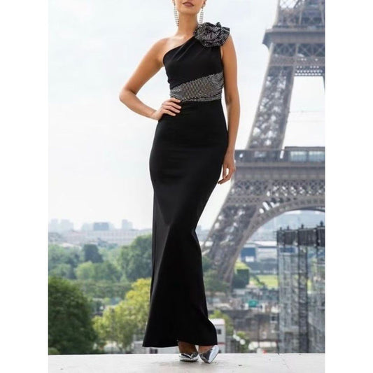 Black One Shoulder Bodycon Bandage Evening Dress with Diamanté Flower Detail