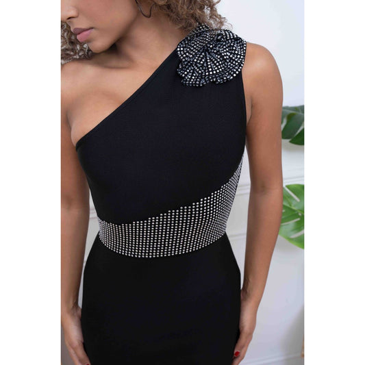 Black One Shoulder Bodycon Bandage Evening Dress with Diamanté Flower Detail