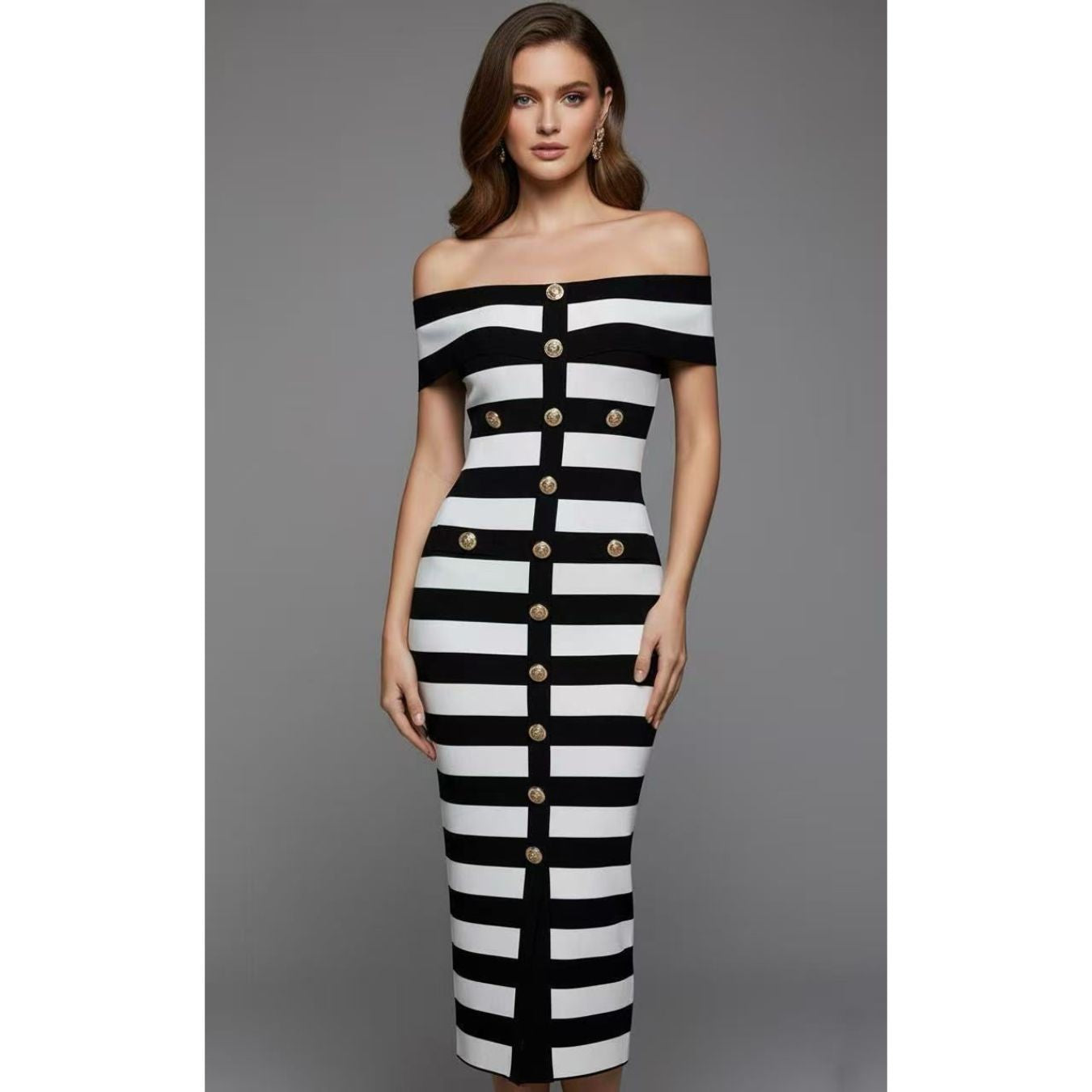Gemma Black and White Off The Shoulder Stripes Bodycon Bandage Midi Dress with Gold Buttons