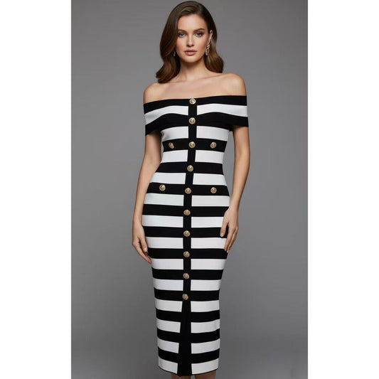 Gemma Black and White Off The Shoulder Stripes Bodycon  Bandage Midi Dress with Gold Buttons