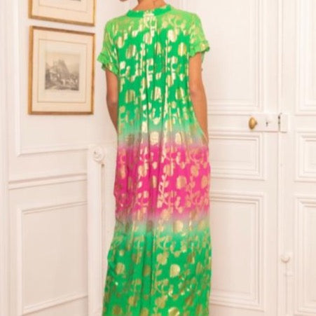 Last Queen Tie-Dye Green & Pink Golden Flowers Dress
