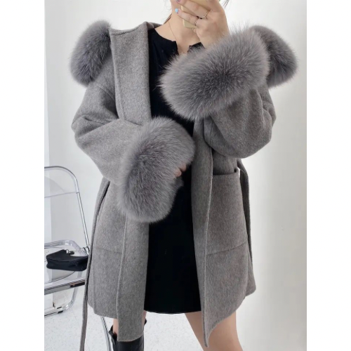 Grey Cashmere & Wool Hooded Coat