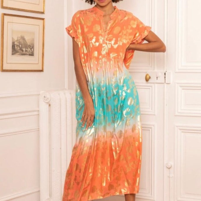 Last Queen Tie-Dye Orange & Turquoise Golden Flowers Dress