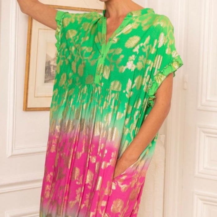Last Queen Tie-Dye Green & Pink Golden Flowers Dress