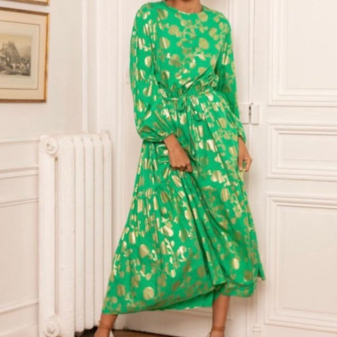 Last Queen Green Gold Foil Flowers Maxi Dress