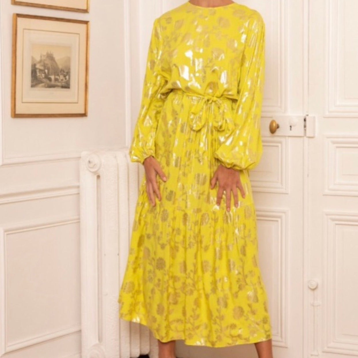 Last Queen Yellow Gold Foil Flowers Maxi Dress