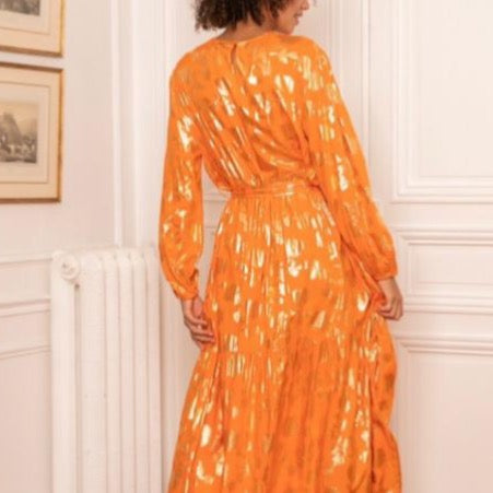 Last Queen Orange Gold Foil Flowers Maxi Dress