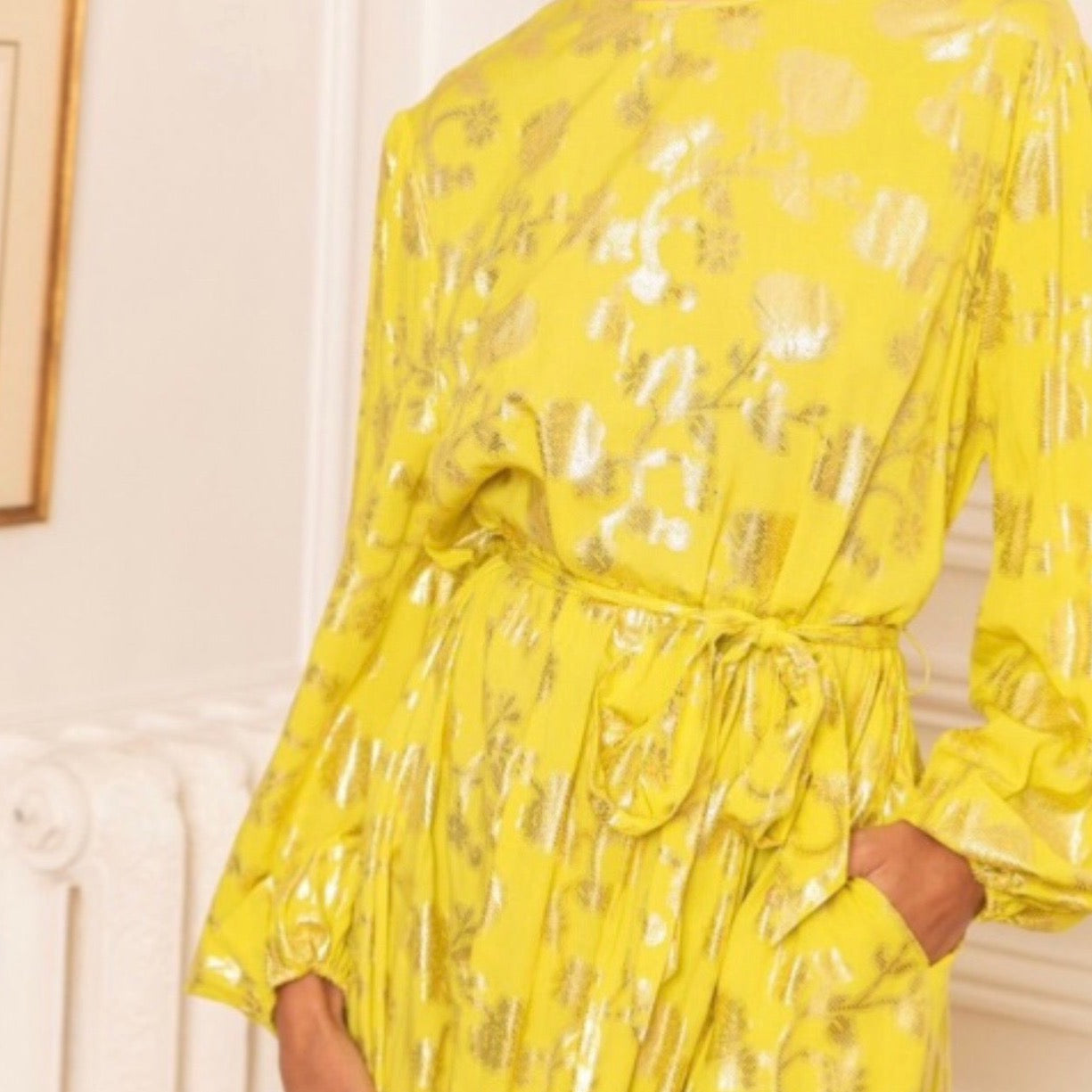 Last Queen Yellow Gold Foil Flowers Maxi Dress
