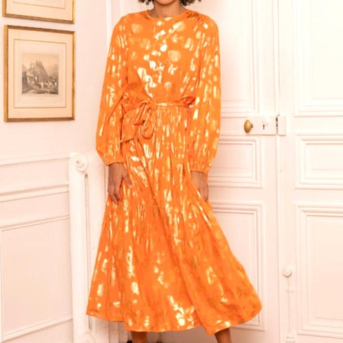 Last Queen Orange Gold Foil Flowers Maxi Dress