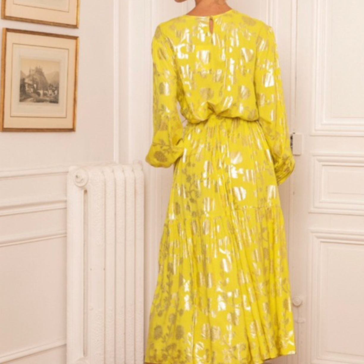 Last Queen Yellow Gold Foil Flowers Maxi Dress