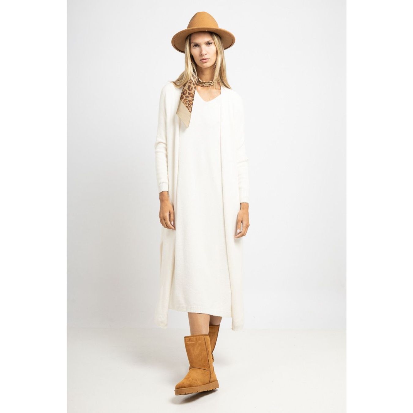 Yasmin Open Long Cardigan Cream with Side Splits