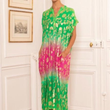 Last Queen Tie-Dye Green & Pink Golden Flowers Dress
