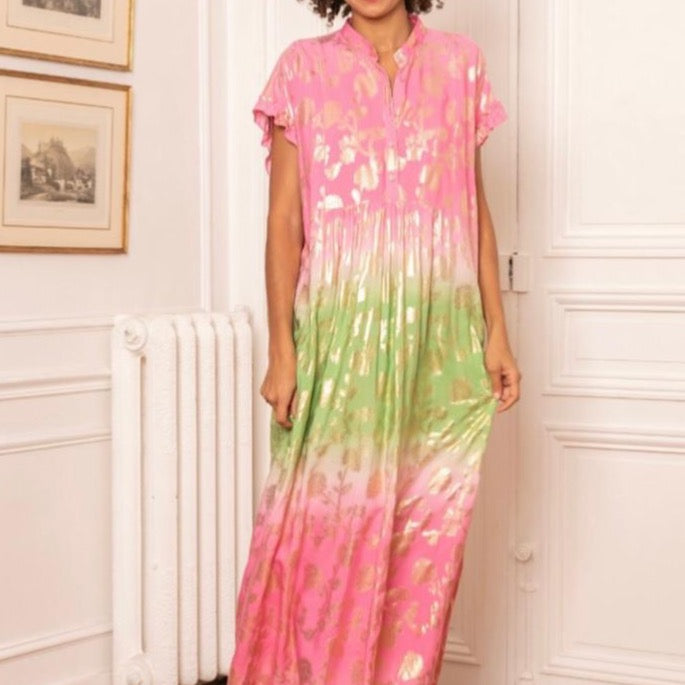 Last Queen Tie-Dye Pink&Green Gold Foil Flowers Maxi Dress