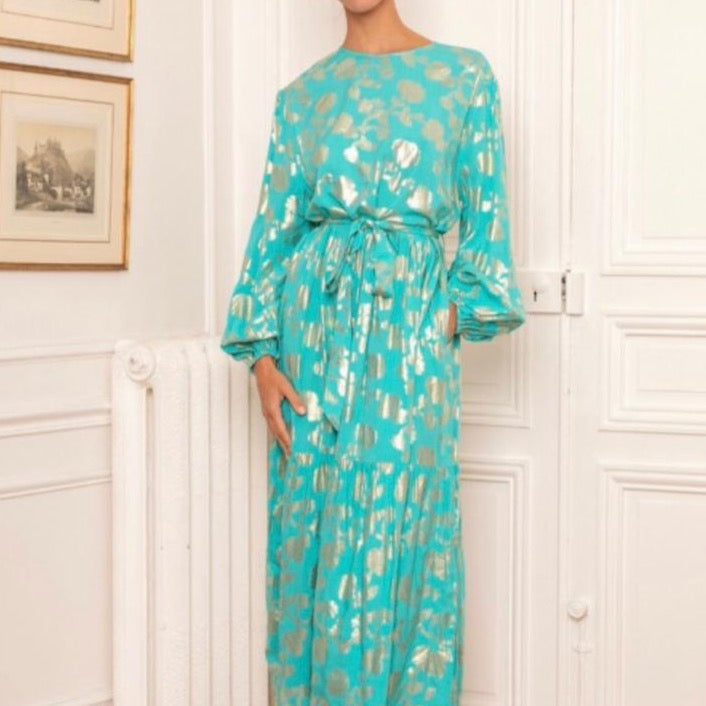 Last Queen Turquoise Gold Foil FlowerMaxi Dress