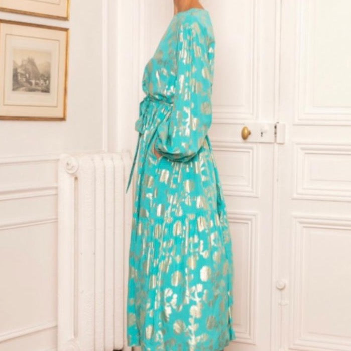 Last Queen Turquoise Gold Foil FlowerMaxi Dress