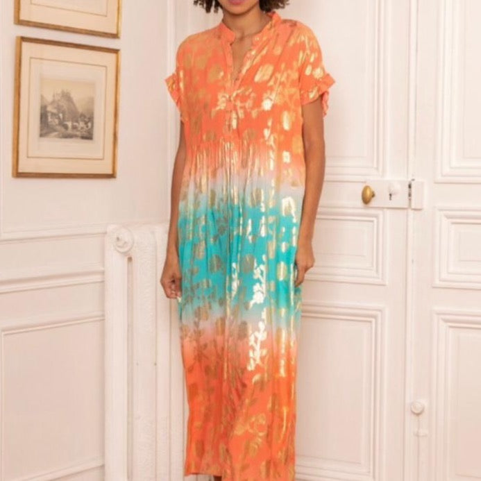 Last Queen Tie-Dye Orange & Turquoise Golden Flowers Dress