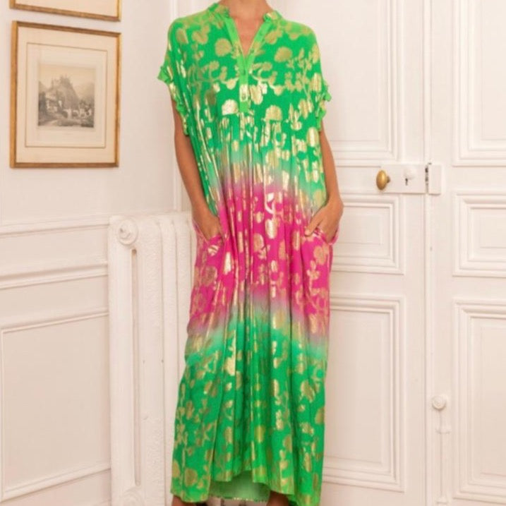 Last Queen Tie-Dye Green & Pink Golden Flowers Dress
