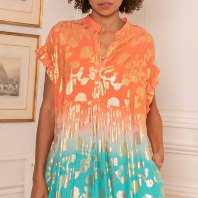 Last Queen Tie-Dye Orange & Turquoise Golden Flowers Dress