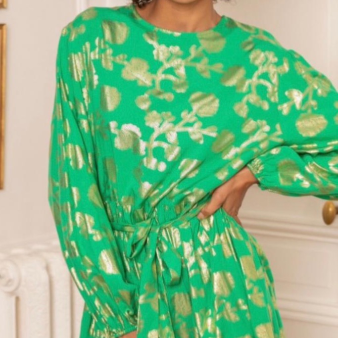 Last Queen Green Gold Foil Flowers Maxi Dress