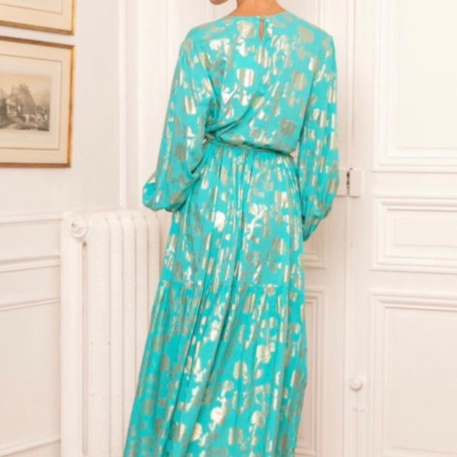 Last Queen Turquoise Gold Foil FlowerMaxi Dress