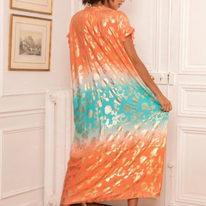 Last Queen Tie-Dye Orange & Turquoise Golden Flowers Dress