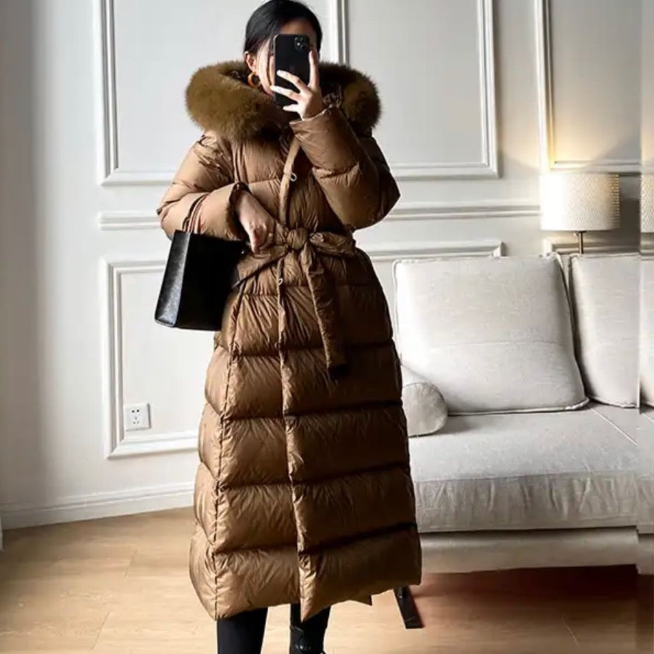 Camel Fox Fur Hooded Coat