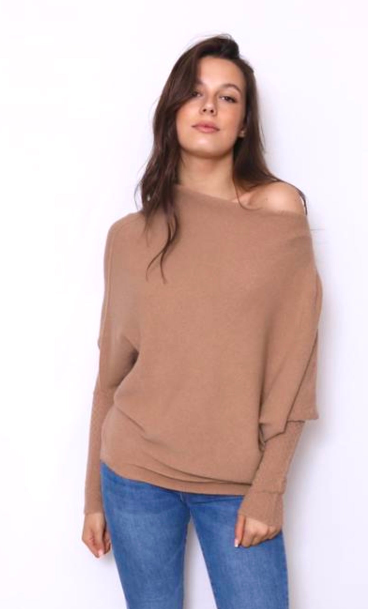 Asymmetric Draped Jumper in Camel
