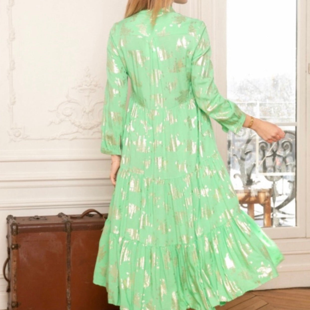 Last Queen Gold Foil Flora Maxi Green Summer Dress