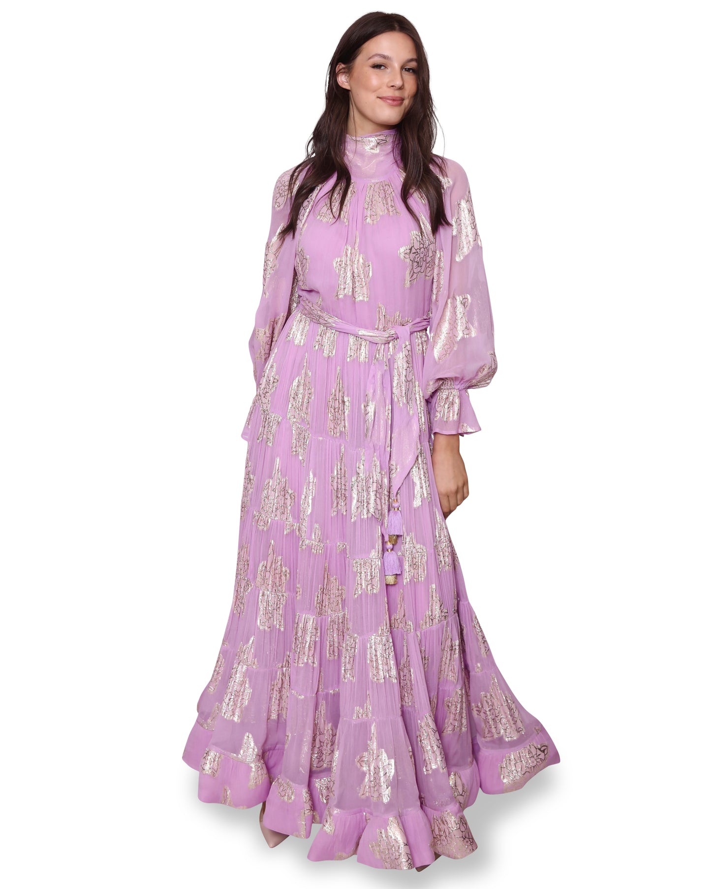 Lilac Gold Foil Flowers Evening Gown