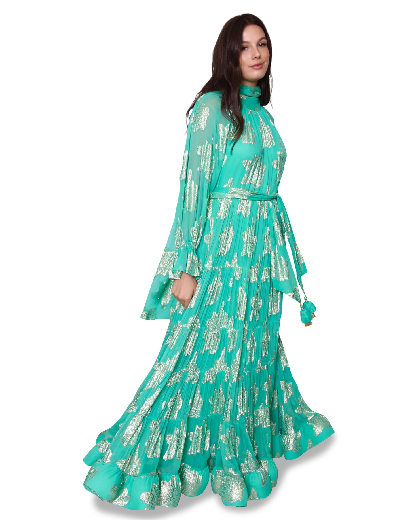 Green Gold Foil Evening Gown