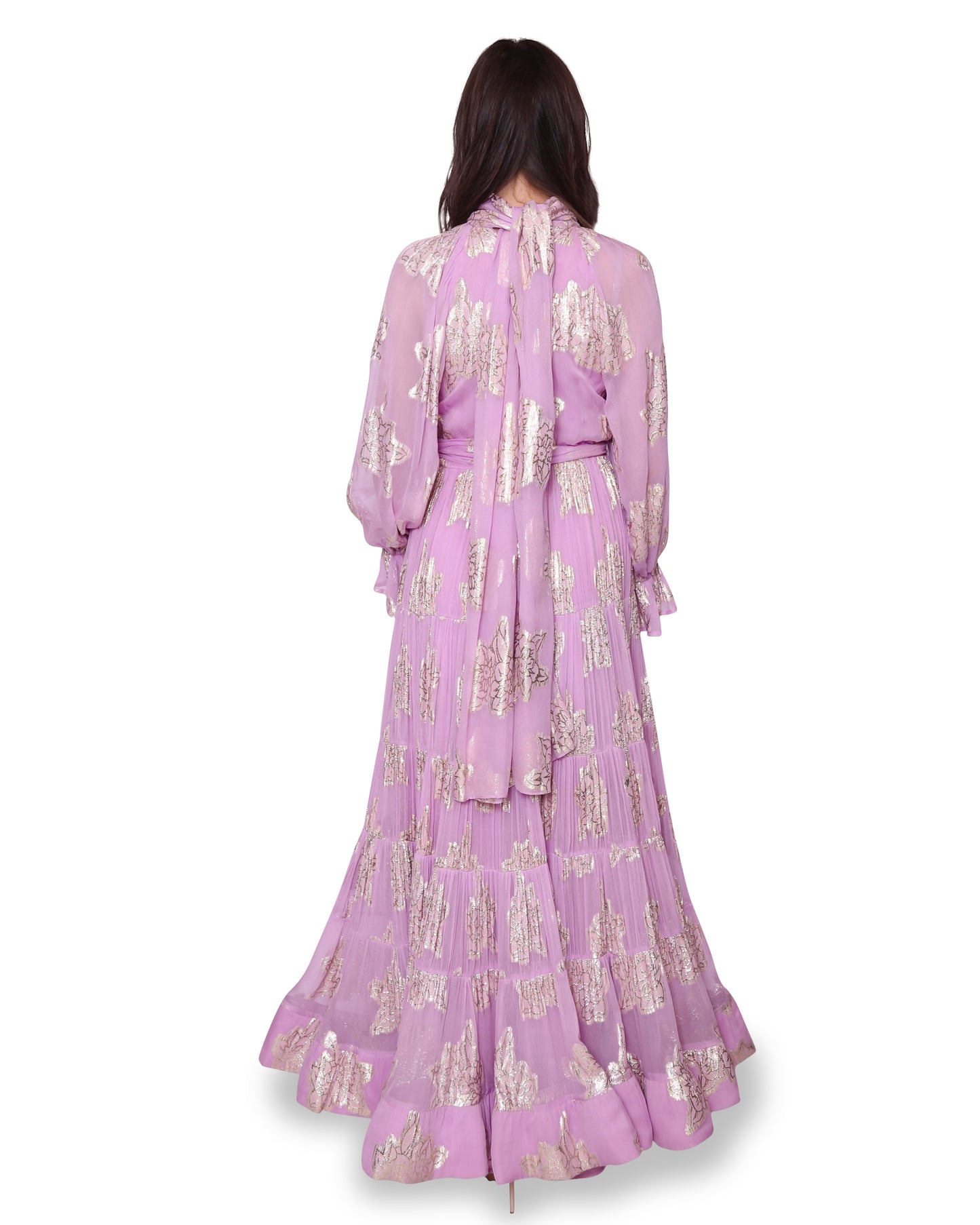 Lilac Gold Foil Flowers Evening Gown