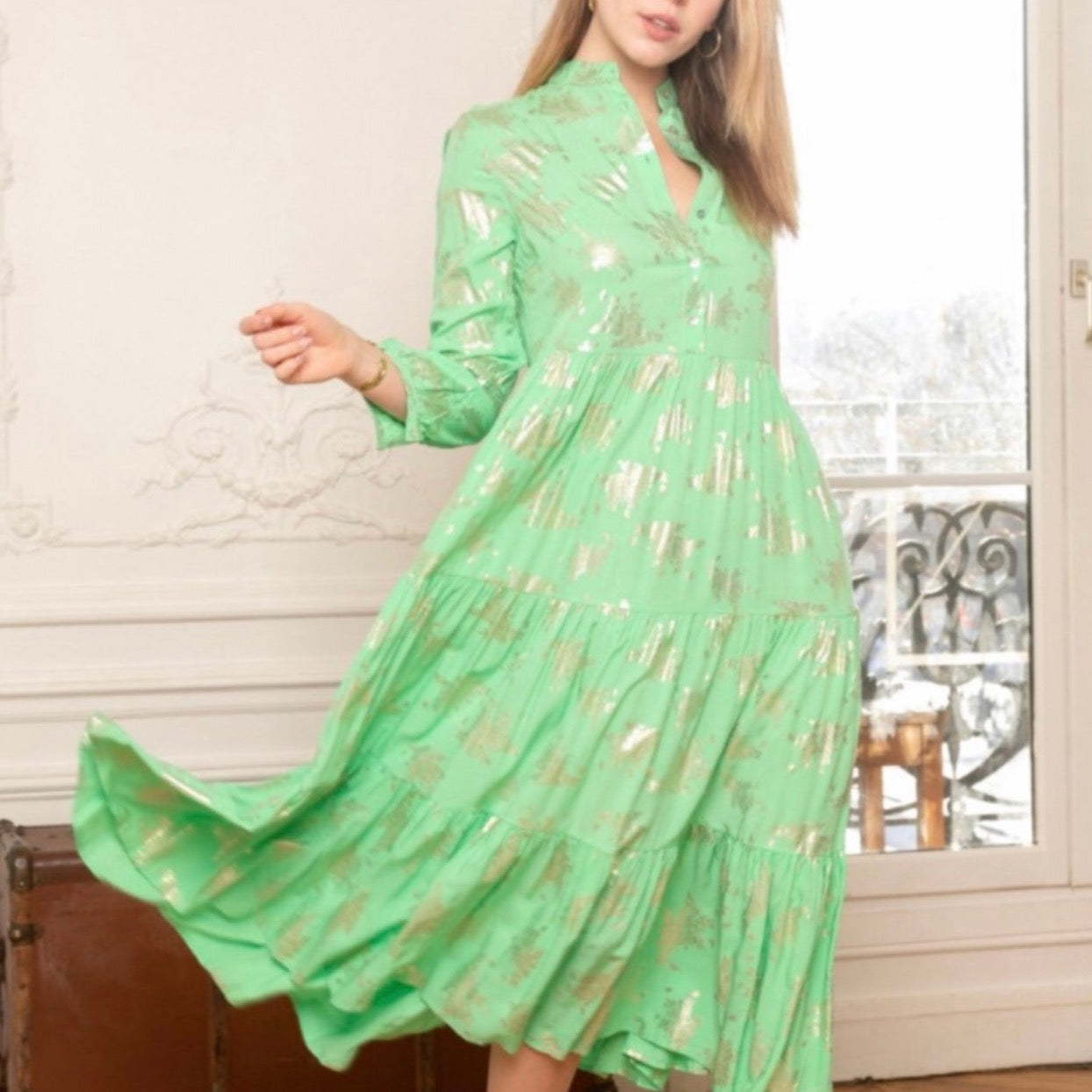 Last Queen Gold Foil Flora Maxi Green Summer Dress