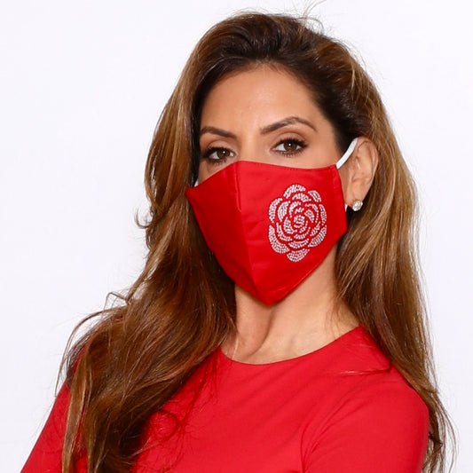Red Full Camellia Diamante Embellishment Face Mask