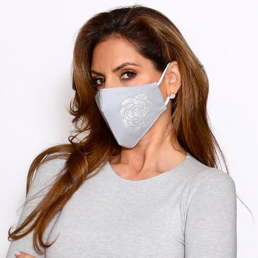 Grey Full Camellia Diamante Embellishment Face Mask