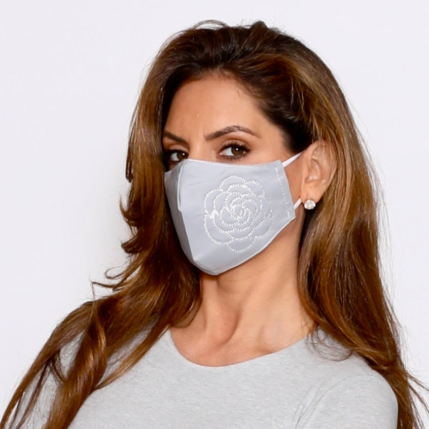Grey Big Flower Diamante Embellishment Face Mask