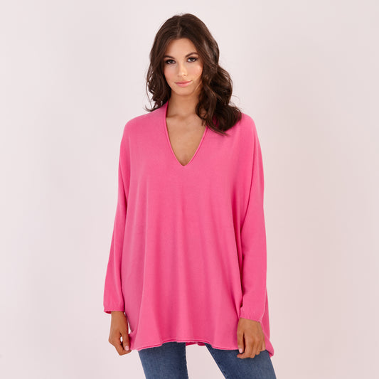V Neck Long Jumper Pink