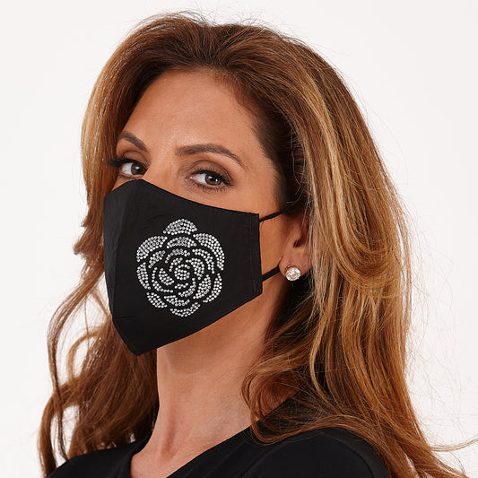 Black Full Camellia Diamante Embellishment Face Mask