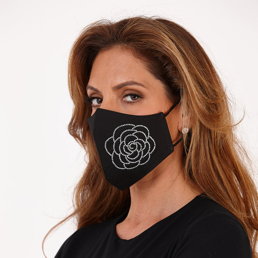 Black Big Flower Diamante Embellishment Face Mask