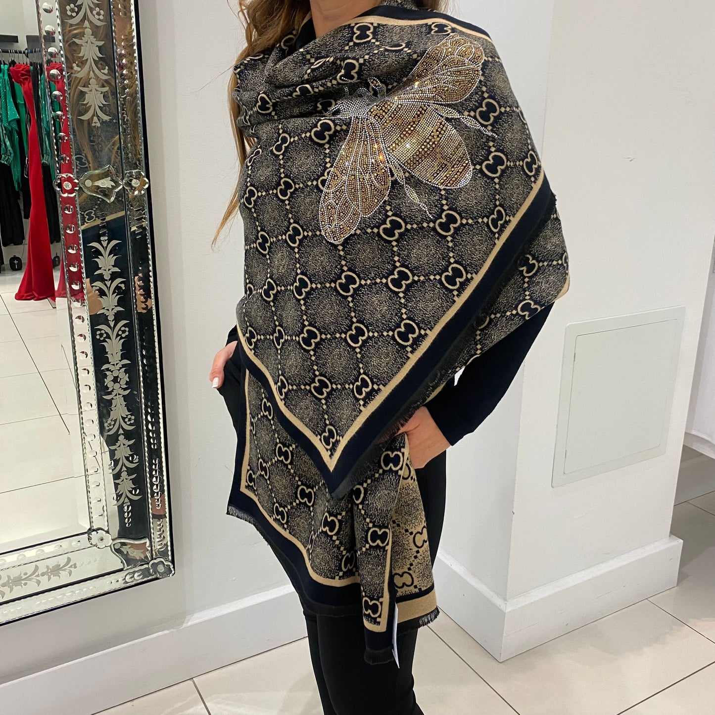 Beige Bee Reversible Embellished Scarf