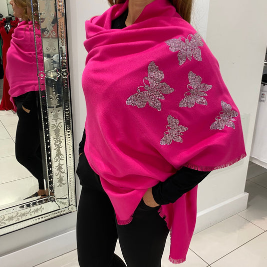 Pink Butterfly Embellished Scarf