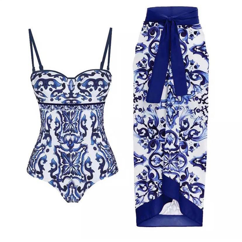 Blue Print One Piece and Cover Up Set