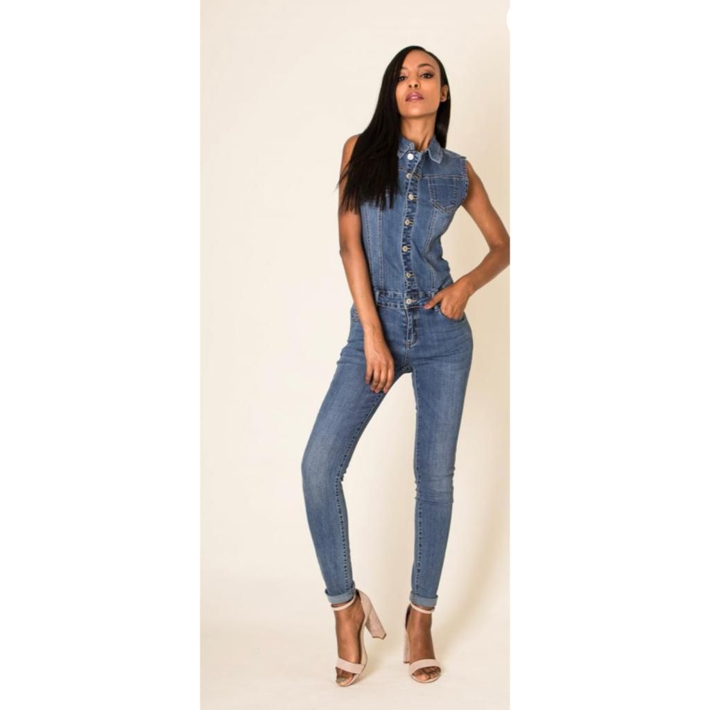 Light Blue Sleeveless Denim Jumpsuit