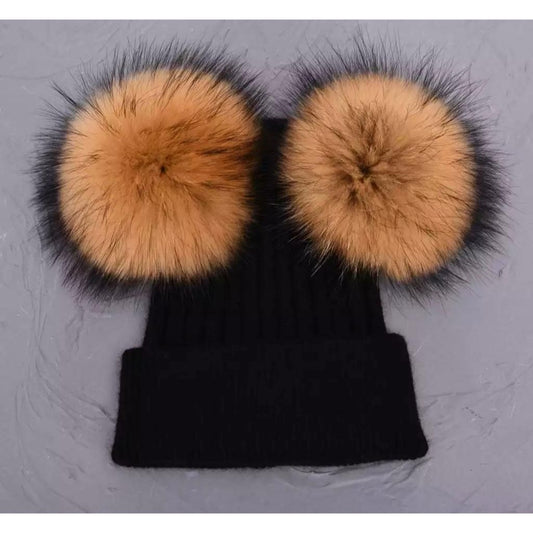 Black Hat with Tan Fur Double Pom